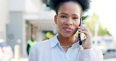 Buy stock photo Business, phone call and portrait of black woman in city, talk or conversation. Happy face of African consultant on mobile in urban town, listening to news and communication for networking in Nigeria