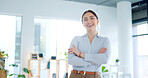 Smile, crossed arms and business woman in the office with confident, good and positive attitude. Happy, pride and professional young female lawyer from Canada standing in modern legal workplace.