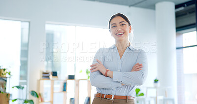 Buy stock photo Smile, crossed arms and business woman in the office with confident, good and positive attitude. Happy, pride and professional young female lawyer from Canada standing in modern legal workplace.