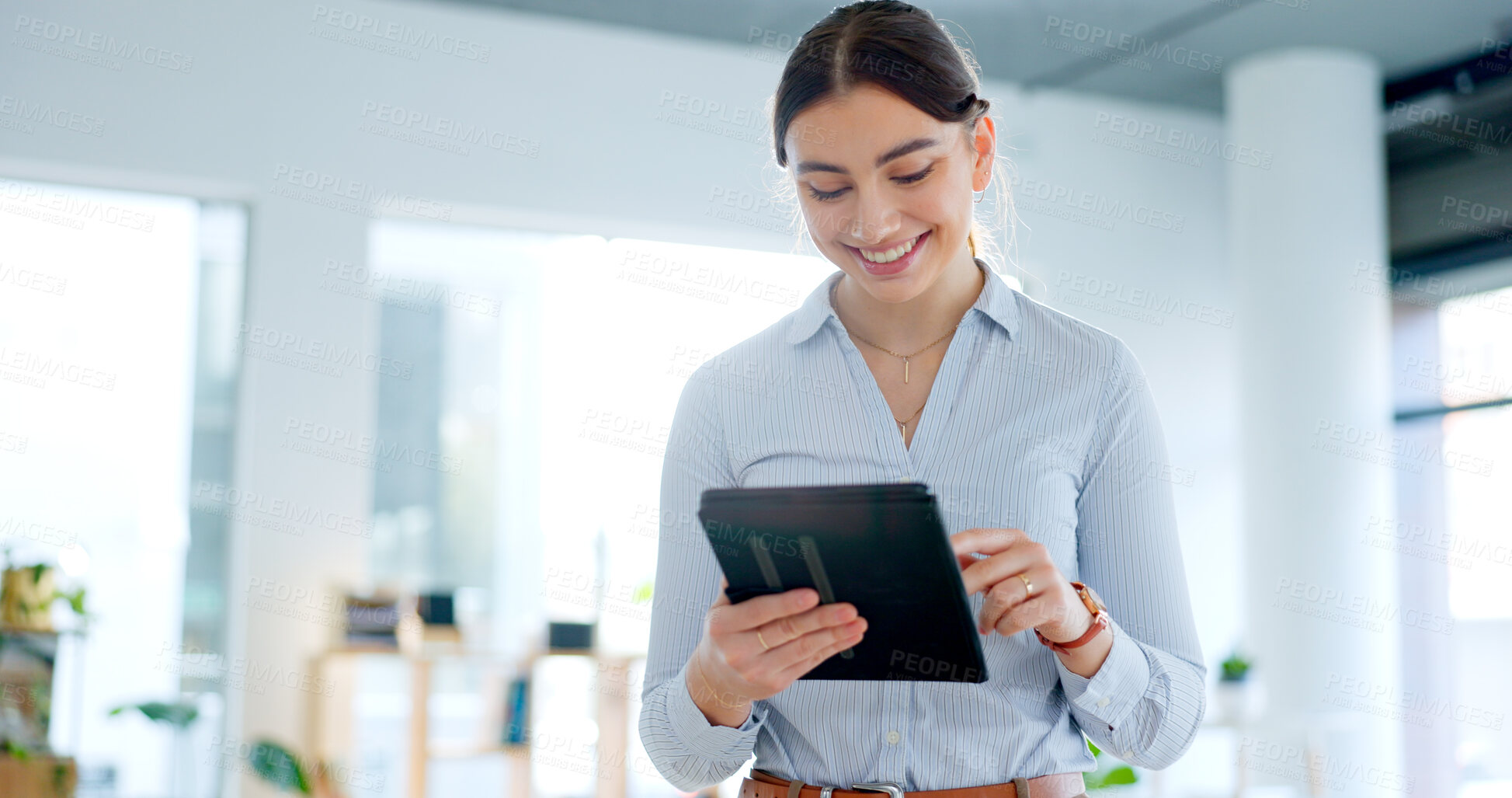 Buy stock photo Happy, tablet and business woman in office doing research for a corporate legal project. Smile, digital technology and professional young female attorney from Canada working on law case in workplace.