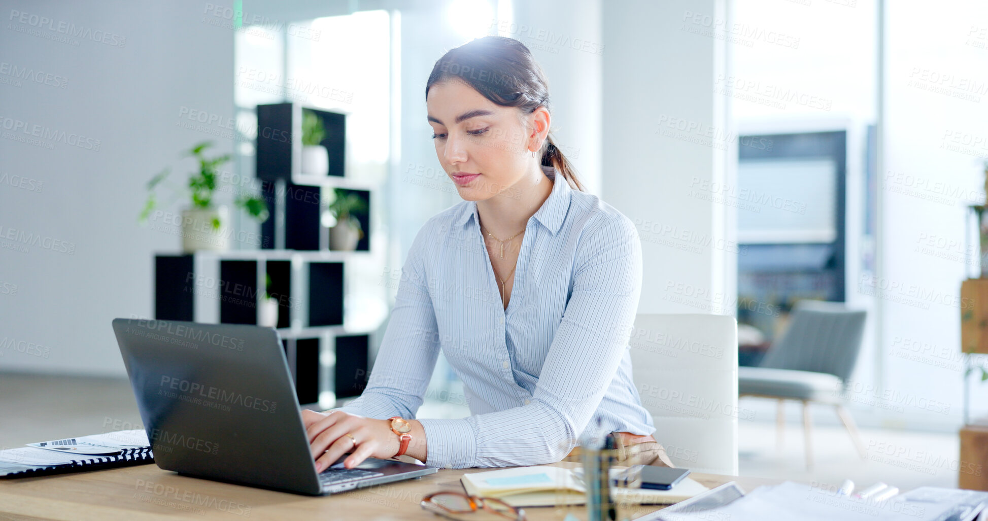 Buy stock photo Laptop, typing and business woman in the office doing research for a legal corporate project. Career, technology and professional female attorney working on law case on a computer in modern workplace