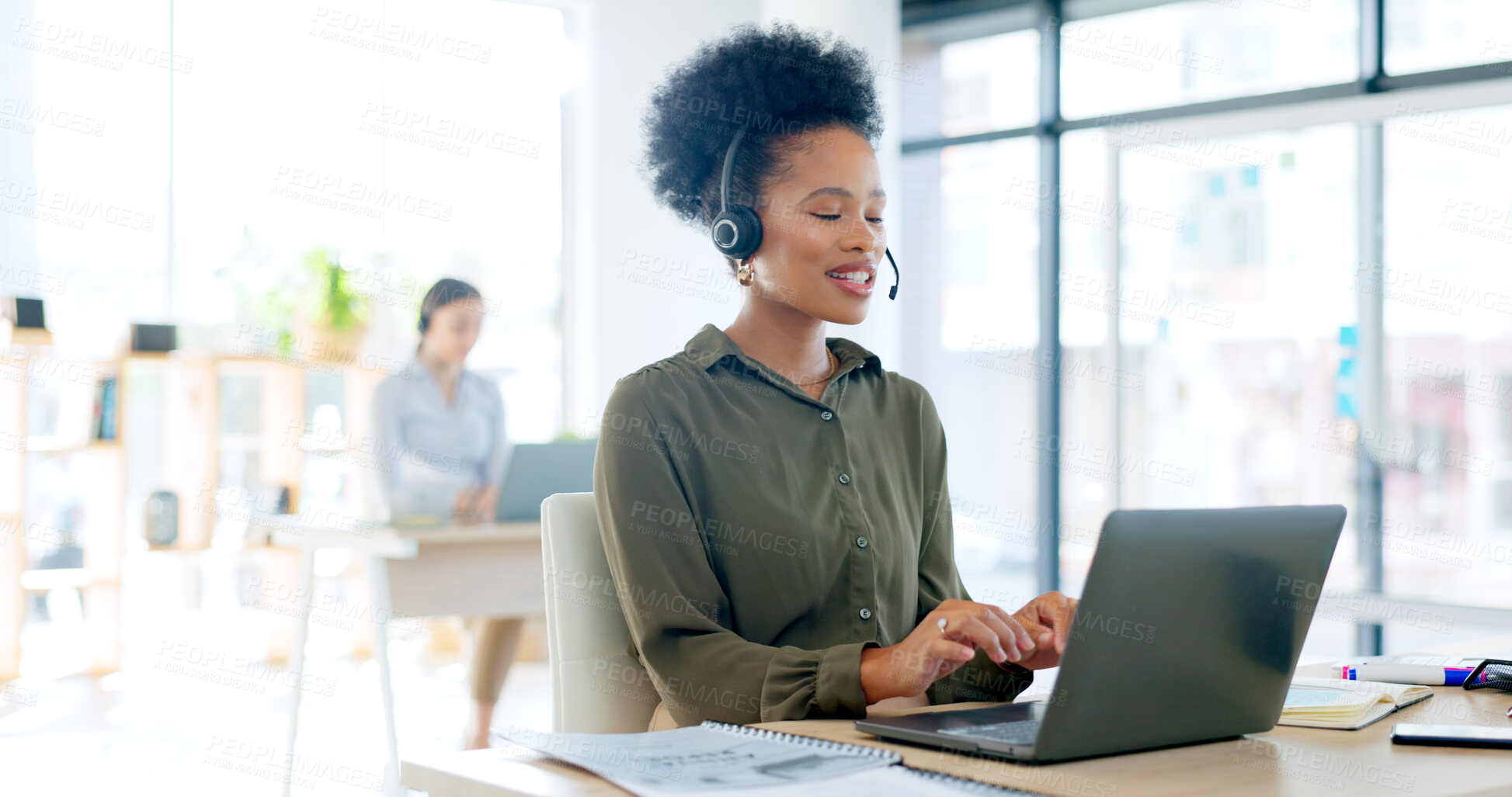 Buy stock photo Laptop, call center and woman consultant in the office doing online consultation for crm business. Technology, customer service and professional African female agent working on computer in workplace