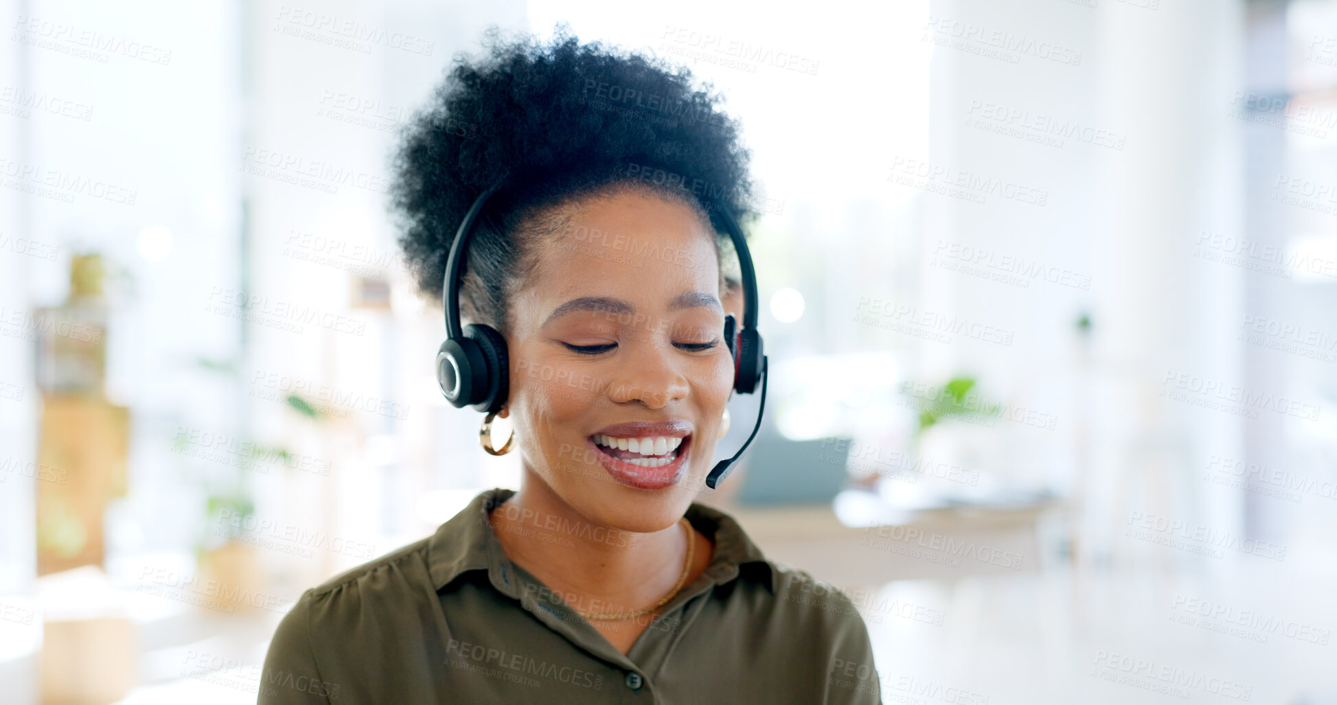 Buy stock photo Black woman at callcenter, phone call and CRM with contact us and customer service job. Telemarketing, help desk and advice with receptionist or consultant in conversation, telecom and communication