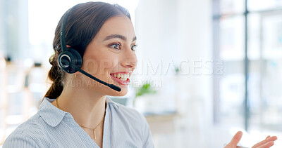 Buy stock photo Callcenter, communication and contact us, happy woman and phone call with telecom or customer service. Conversation, headset and mic with help desk and talking for telemarketing sales and consultant