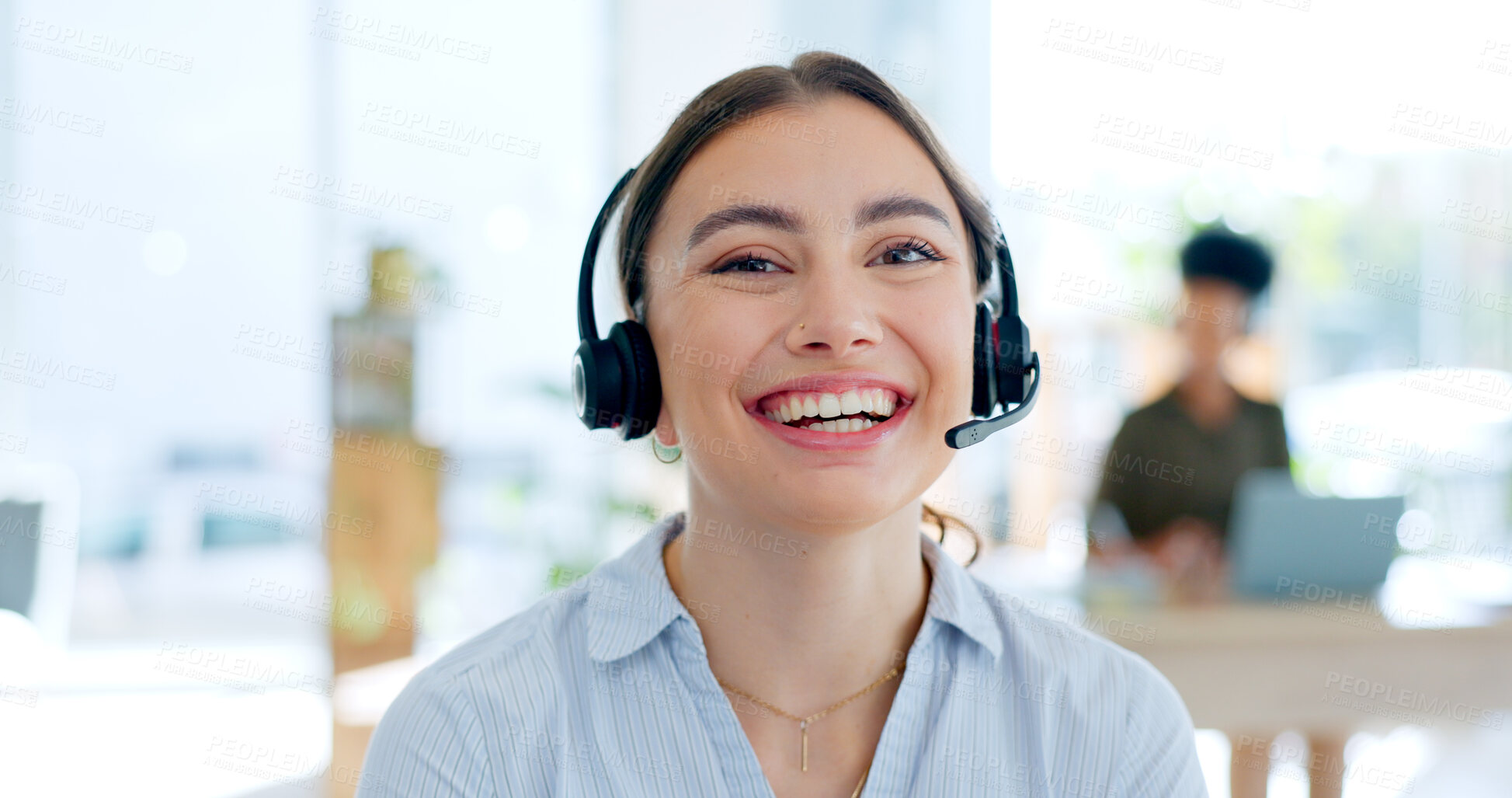 Buy stock photo Callcenter, communication and contact us, happy woman in portrait with telecom or customer service job. Consulting, headset and mic with help desk and CRM for telemarketing sales and consultant