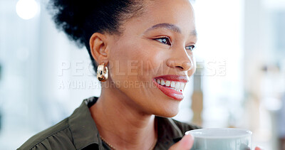 Buy stock photo African woman, coffee and vision in office with smile, thinking and problem solving with ideas. Black business manager, drink and happy for solution, career or future with brainstorming in workplace