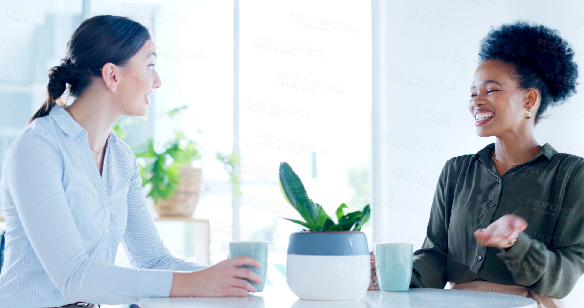 Buy stock photo Happy, coffee break and friends in office talking of work, collaboration or funny gossip in workplace. Women, together and conversation with espresso, latte or drink in tea cup or employees happiness