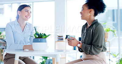 Buy stock photo Happy, friends and coffee break in office talking of work, collaboration or funny gossip in workplace. Women, together and employees conversation with espresso, latte or drink in tea cup or happiness