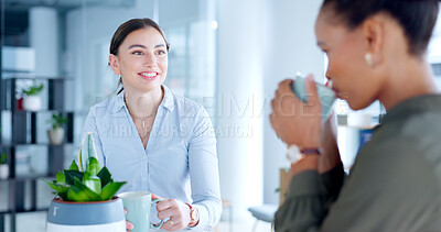 Buy stock photo Friends, coffee break and happy in office talking of work, collaboration or funny gossip in workplace. Women, together and conversation with espresso, latte or drink in tea cup or employees happiness