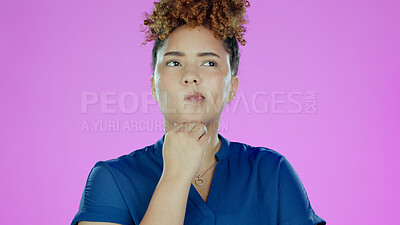 Buy stock photo Woman, thinking and doubt for decision, idea and concept with question, unsure and isolated on purple studio background. Planning, confused and mockup space with choice, wondering and concentrating