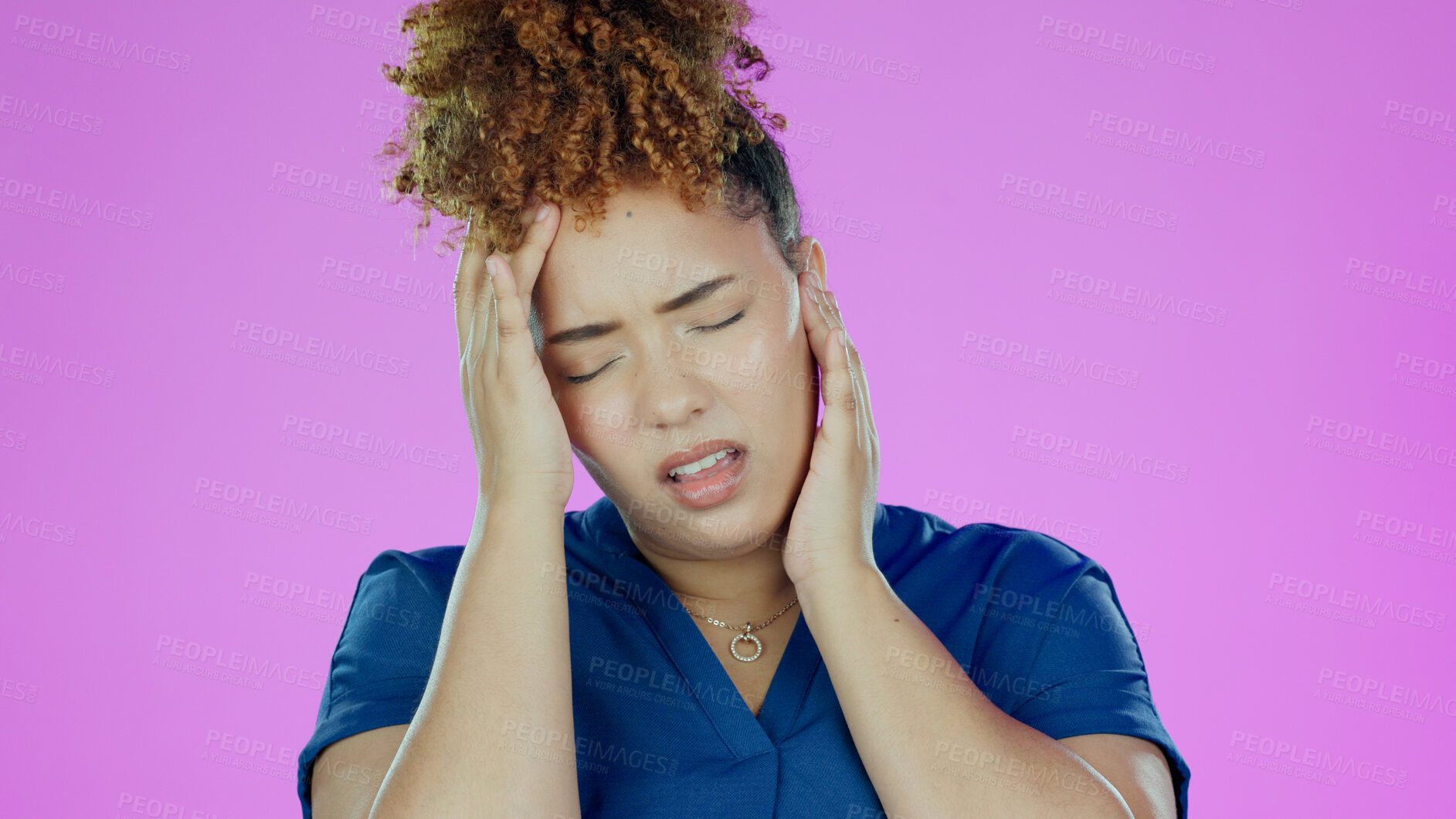 Buy stock photo Fibromyalgia, black woman and muscle injury with stress and uncomfortable ache in studio on pink background. Neck pain, African person and inflammation, strain or anxiety with joint risk or problem