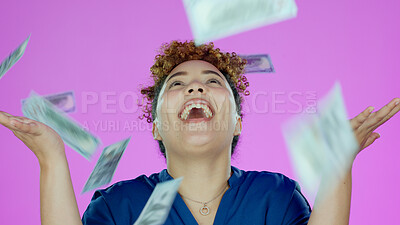 Buy stock photo Woman, winner and wow for money rain success, bonus or winning of lottery prize, profit or cashback in studio. Happy african person, cash in air and financial freedom or celebrate on pink background