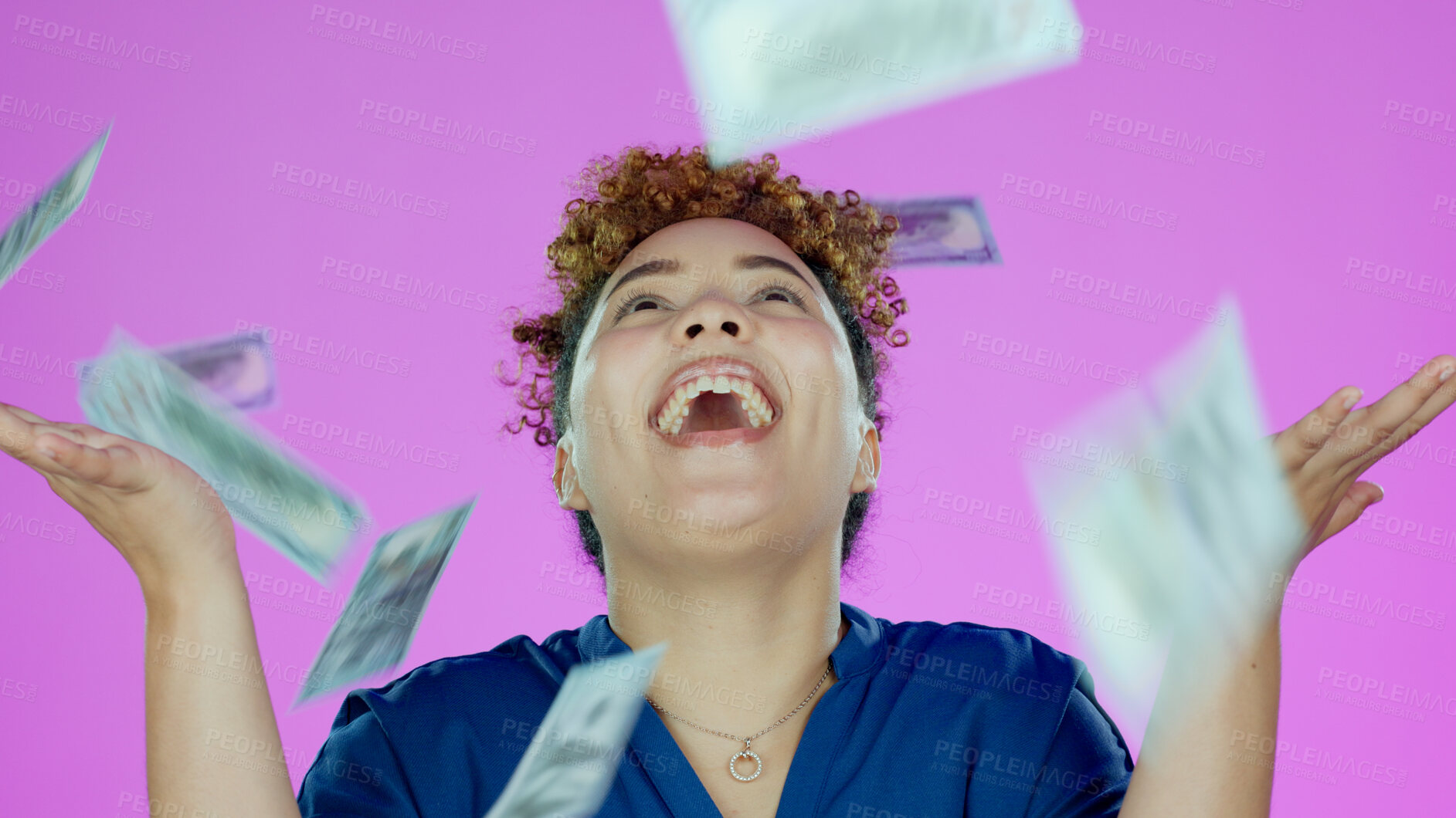 Buy stock photo Woman, winner and wow for money rain success, bonus or winning of lottery prize, profit or cashback in studio. Happy african person, cash in air and financial freedom or celebrate on pink background