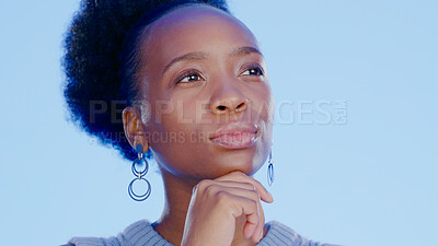 Buy stock photo Business woman, thinking and ideas for professional solution, human resources decision and vision in studio. African worker for inspiration, goals and job planning or choice emoji on blue background