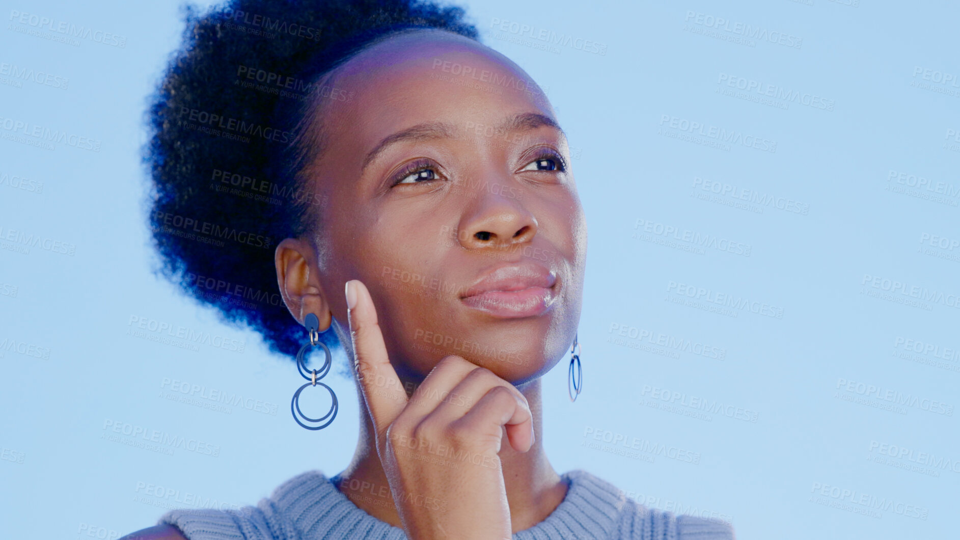 Buy stock photo Business woman, thinking and ideas for marketing solution, decision and professional or creative vision in studio. African worker for inspiration, goals and job planning or choice on blue background