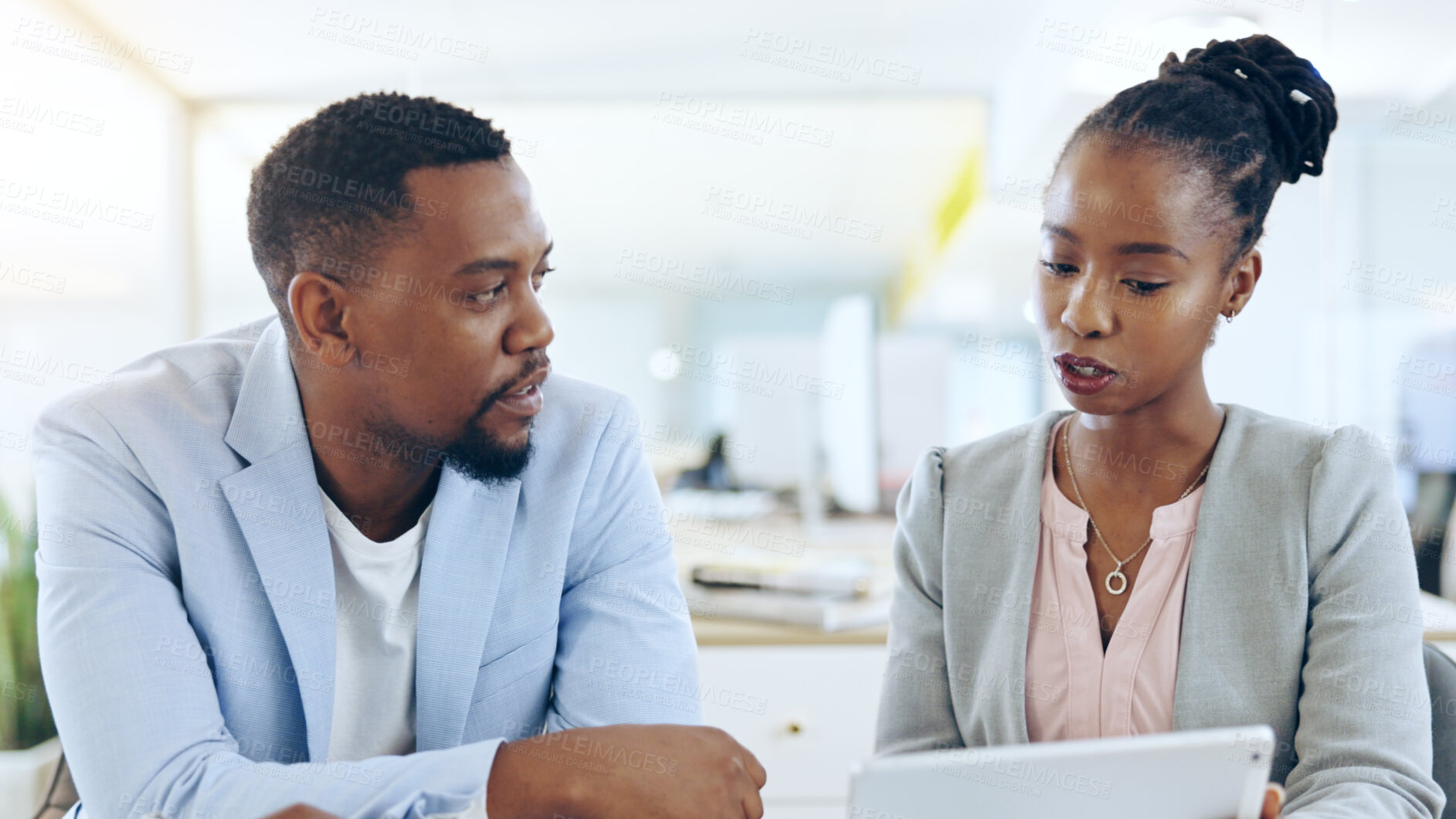 Buy stock photo Black people, tablet and teamwork for business, planning and brainstorming strategy together in office. Technology, collaboration and African corporate consultants in discussion for research project