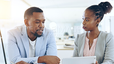 Buy stock photo Black people, tablet and teamwork for business, brainstorming and planning strategy together in office. Technology, collaboration and African corporate consultants in discussion for research project