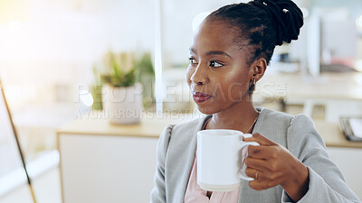 Buy stock photo Coffee, thinking and business woman in office for planning, brainstorming ideas and strategy. Corporate worker, professional and person with beverage, tea and caffeine for working, project and report