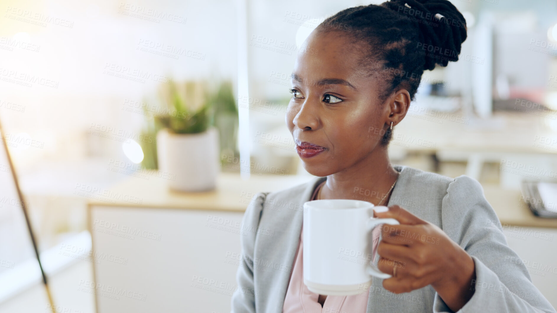 Buy stock photo Coffee, thinking and business woman in office for planning, brainstorming ideas and strategy. Corporate worker, professional and person with beverage, tea and caffeine for working, project and report