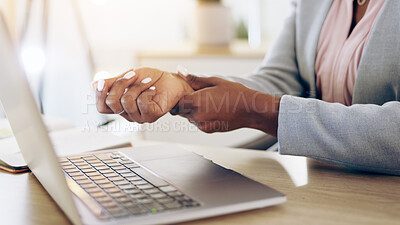 Buy stock photo Woman, laptop and hands with wrist pain, injury or carpal tunnel syndrome by office desk. Closeup of female person or employee with sore muscle, ache or joint inflammation from arthritis or strain