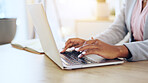 Closeup, business and woman with a laptop, typing and connection with network, online reading and website information. Hands, person and employee with a pc, email notification and email notification