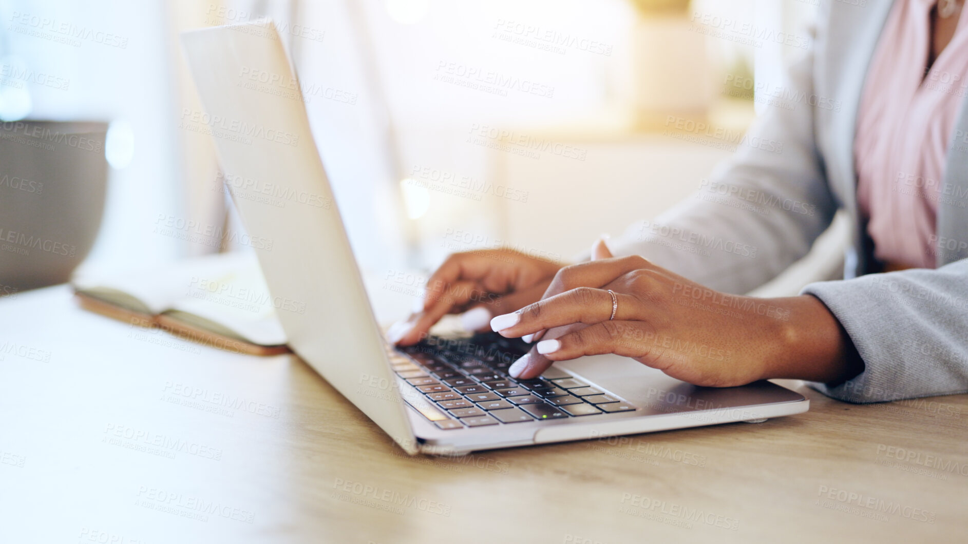 Buy stock photo Closeup, business and woman with a laptop, typing and connection with network, online reading and website information. Hands, person and employee with a pc, email notification and email notification