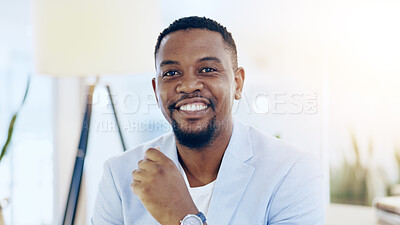 Buy stock photo Portrait, black man and business in office for corporate company and positive mindset for career. Law, attorney and legal advisor with happiness or professional employee with pride for court or job