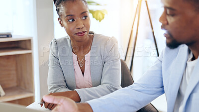 Buy stock photo Business people, teamwork and man with black woman, conversation or collaboration in workplace. African person, employee or manager with ideas, planning and cooperation with brainstorming or b2b deal