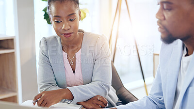 Buy stock photo Business people, meeting and man with black woman, cooperation and brainstorming in a workplace. Staff, consultant or manager with planning, ideas and collaboration with brainstorming or teamwork