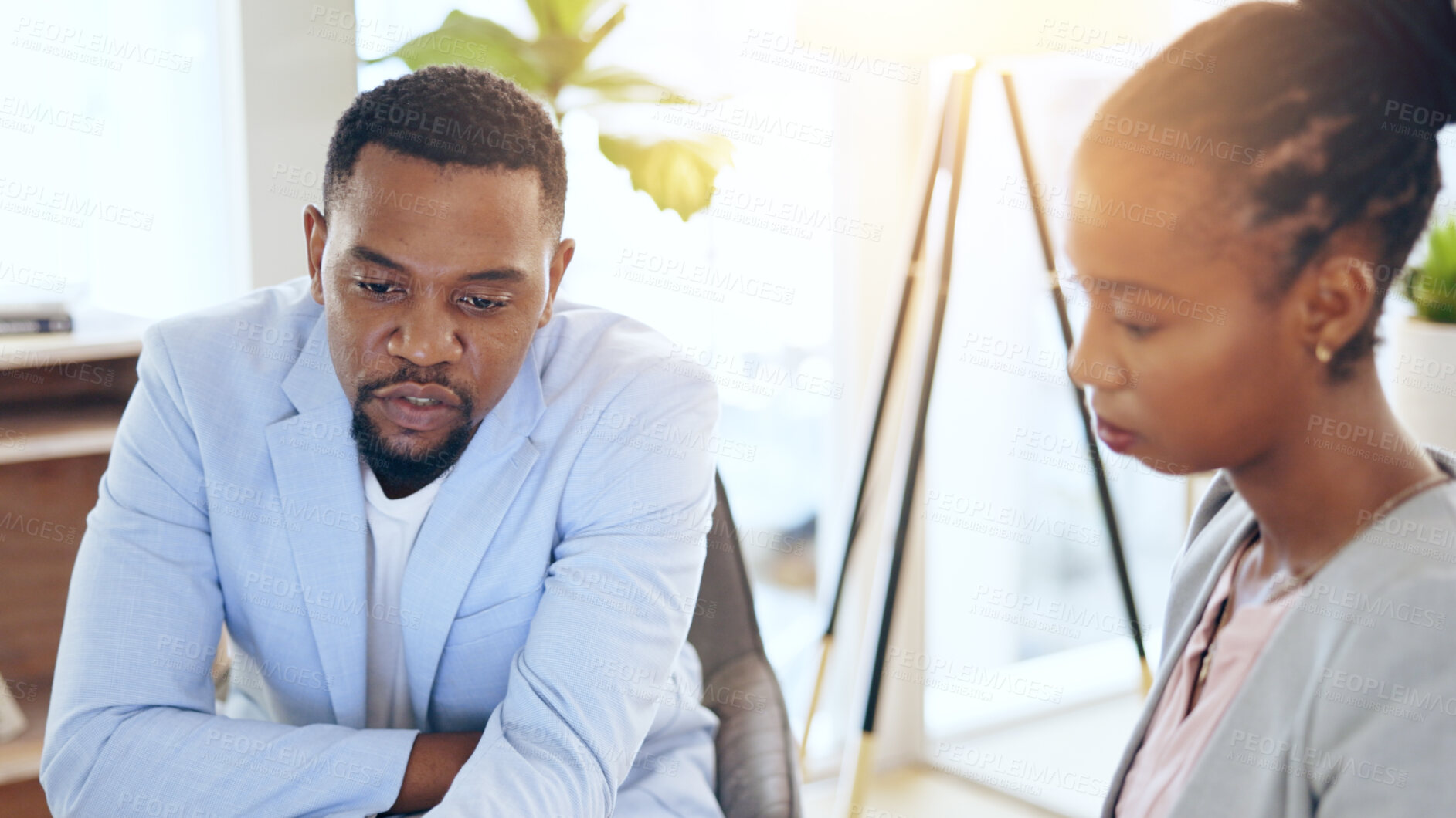 Buy stock photo Business people, brainstorming and man with black woman, meeting and cooperation in a workplace. Teamwork, employee and manager with paperwork, planning and collaboration with partnership and ideas