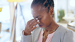 Black woman, headache and business stress from mistake, debt or financial crisis in burnout at office. Frustrated African female person employee in pain, anxiety or depression for fail at workplace