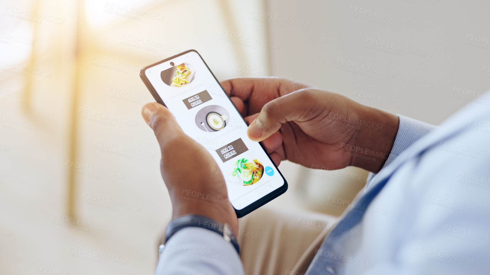 Buy stock photo Hands, phone screen and food delivery from restaurant app for lunch in workplace with online shopping. Hungry person, smartphone and website ux for search, deal and discount with choice for order