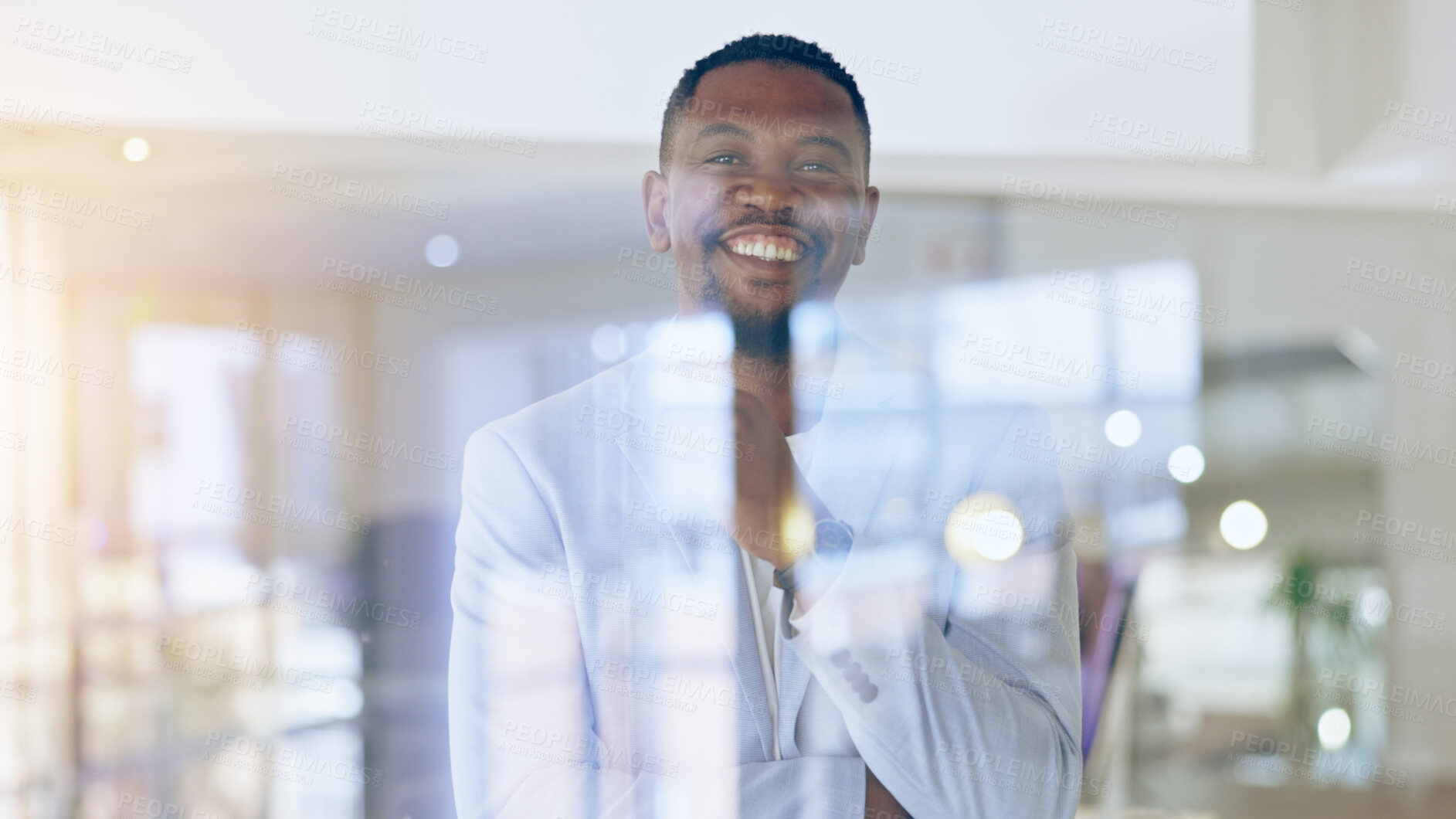 Buy stock photo Portrait, business and happy black man in office at window for corporate career in company. Face, smile and African professional lawyer, confident attorney or employee working in Nigeria at workplace