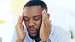 Black man, headache and business stress from mistake, debt or financial crisis in burnout at office. Frustrated African businessman or employee in pain, anxiety or depression for fail at workplace