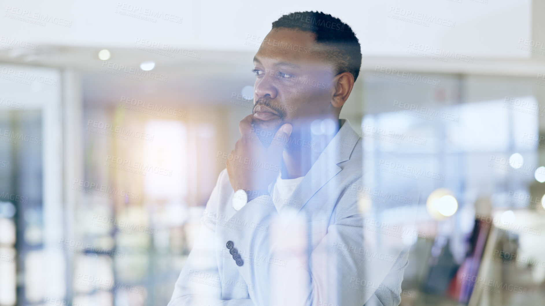 Buy stock photo Thinking, memory and African businessman in the office with brainstorming or problem solving face. Idea, planning and professional male ceo standing by window with reflection face in workplace.