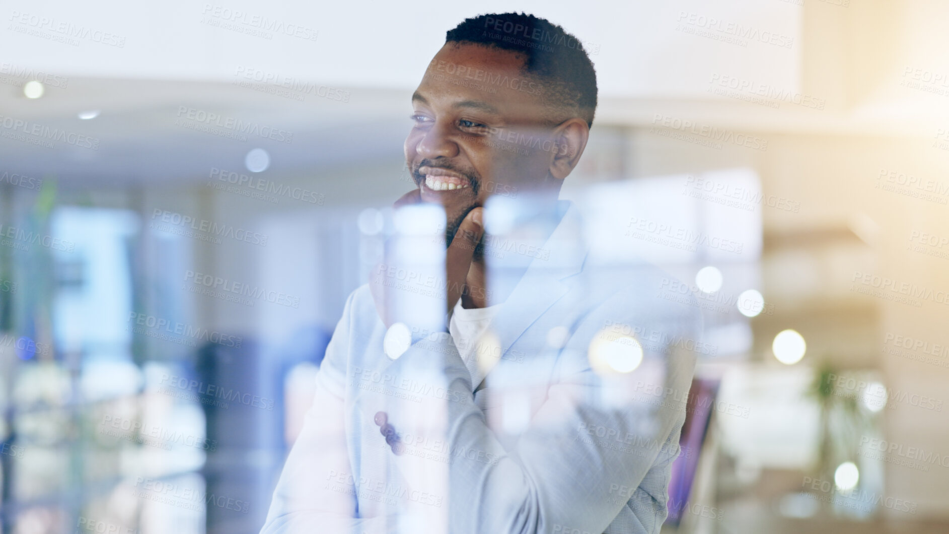 Buy stock photo Idea, smile and glass with a business black man thinking about the future growth of his company. Mindset, opportunity and a happy young employee in a corporate or professional office for work