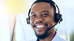 Portrait, call center and happy black man in telemarketing, support and help desk in office. Customer service, sales agent and face of African consultant, business professional and smile in Nigeria