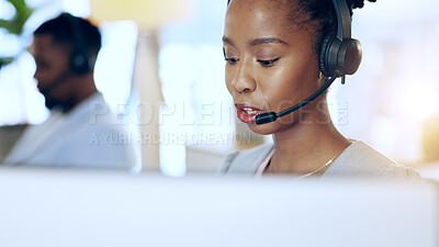 Buy stock photo Call center, computer and black woman talk for telemarketing, support or contact us at help desk in office. Customer service, sales agent and African consultant in communication, crm and business