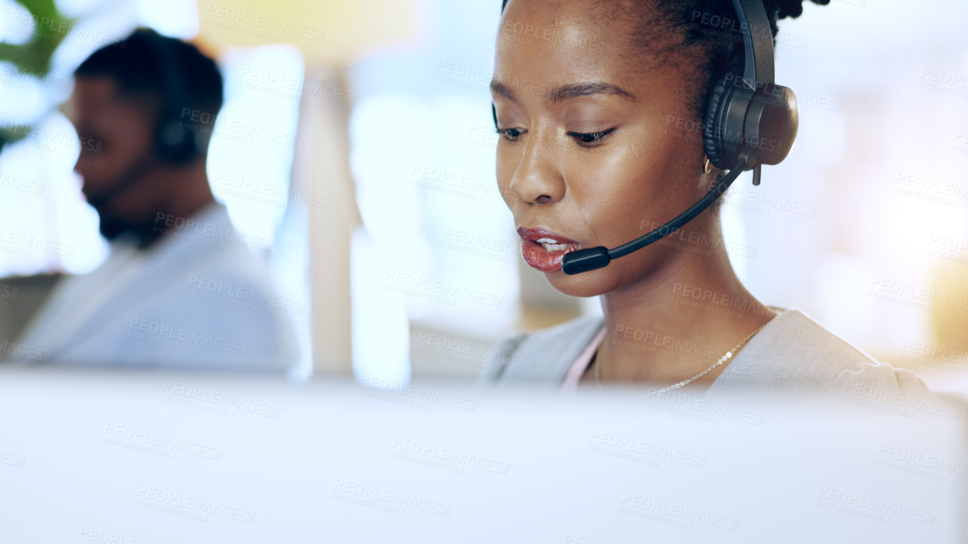 Buy stock photo Call center, computer and black woman talk for telemarketing, support or contact us at help desk in office. Customer service, sales agent and African consultant in communication, crm and business