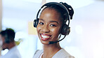 Portrait, call center and happy black woman in telemarketing, support and help desk in office. Customer service, sales agent and face of African consultant, business professional and smile in Nigeria