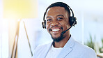 Portrait, call center and happy black man in telemarketing, support and help desk in office in Nigeria. Customer service, sales agent and face smile of African business professional in headphones