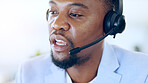 Crm, call center and black man talking for telemarketing, tech support or help desk in office. Customer service, sales agent and serious African consultant in communication, online advice or business