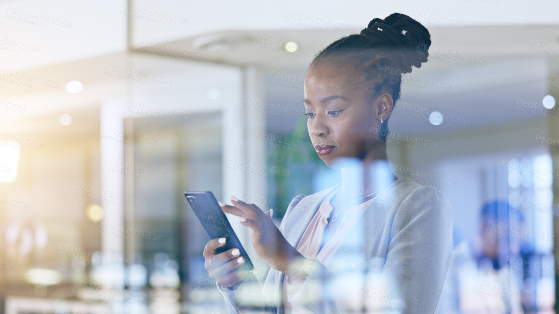 Buy stock photo Business woman, phone and office window for marketing communication, social media and company email in reflection. African worker typing on mobile for professional chat, contact or search information