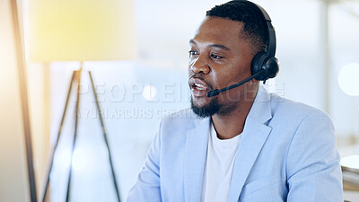 Buy stock photo Call center, crm and black man talking for telemarketing, tech support or contact us at help desk in office. Customer service, sales agent and serious consultant in communication, advice and business