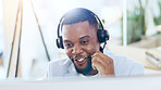 Call center, computer and happy black man talking for telemarketing, crm support and contact at help desk in office. Customer service, sales agent and consultant in communication, advice and business