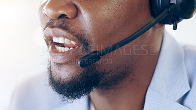 Buy stock photo African man, closeup and call center for talking, microphone and voip tech for telemarketing, sales or contact us. Consultant, crm and customer service agent with headphones for advice at help desk