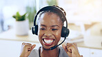 African woman, call center and celebration in office for contact us, achievement or smile for promotion. Consultant, thinking and customer service agent for success, headphones and fist at help desk