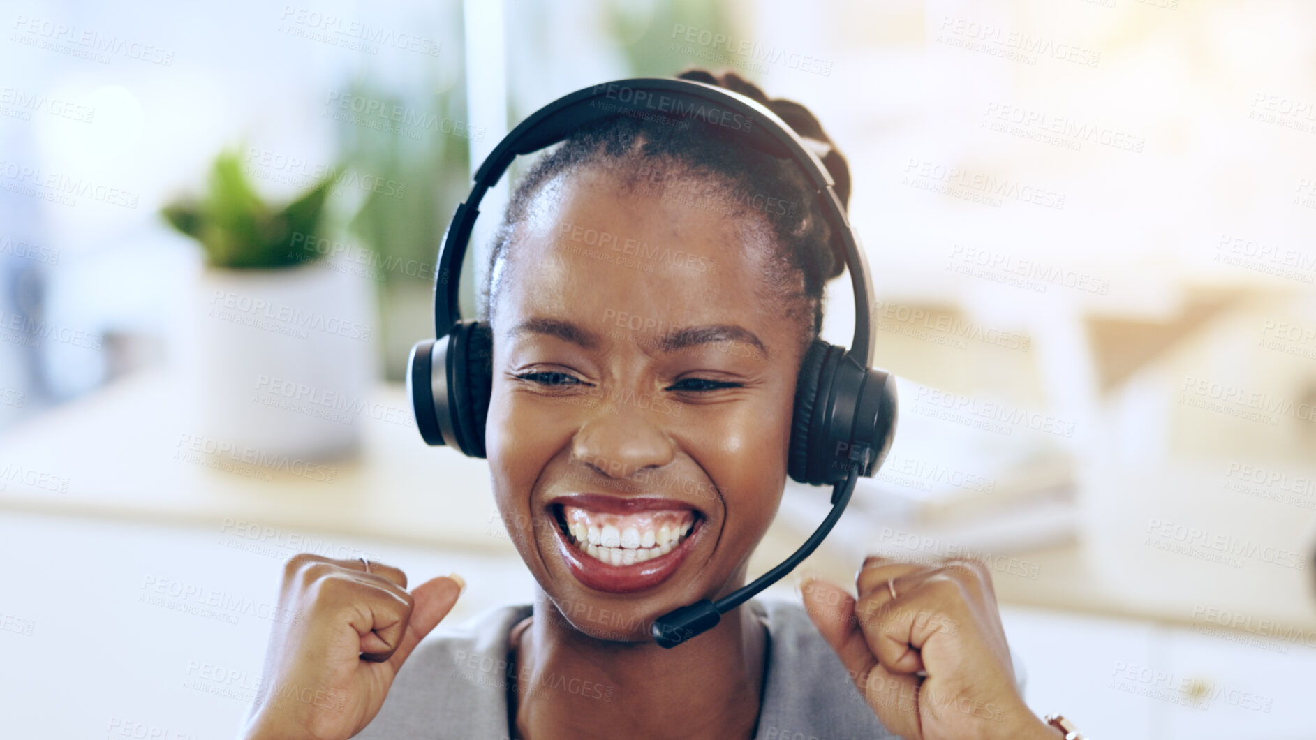 Buy stock photo African woman, call center and celebration in office for contact us, achievement or smile for promotion. Consultant, thinking and customer service agent for success, headphones and fist at help desk