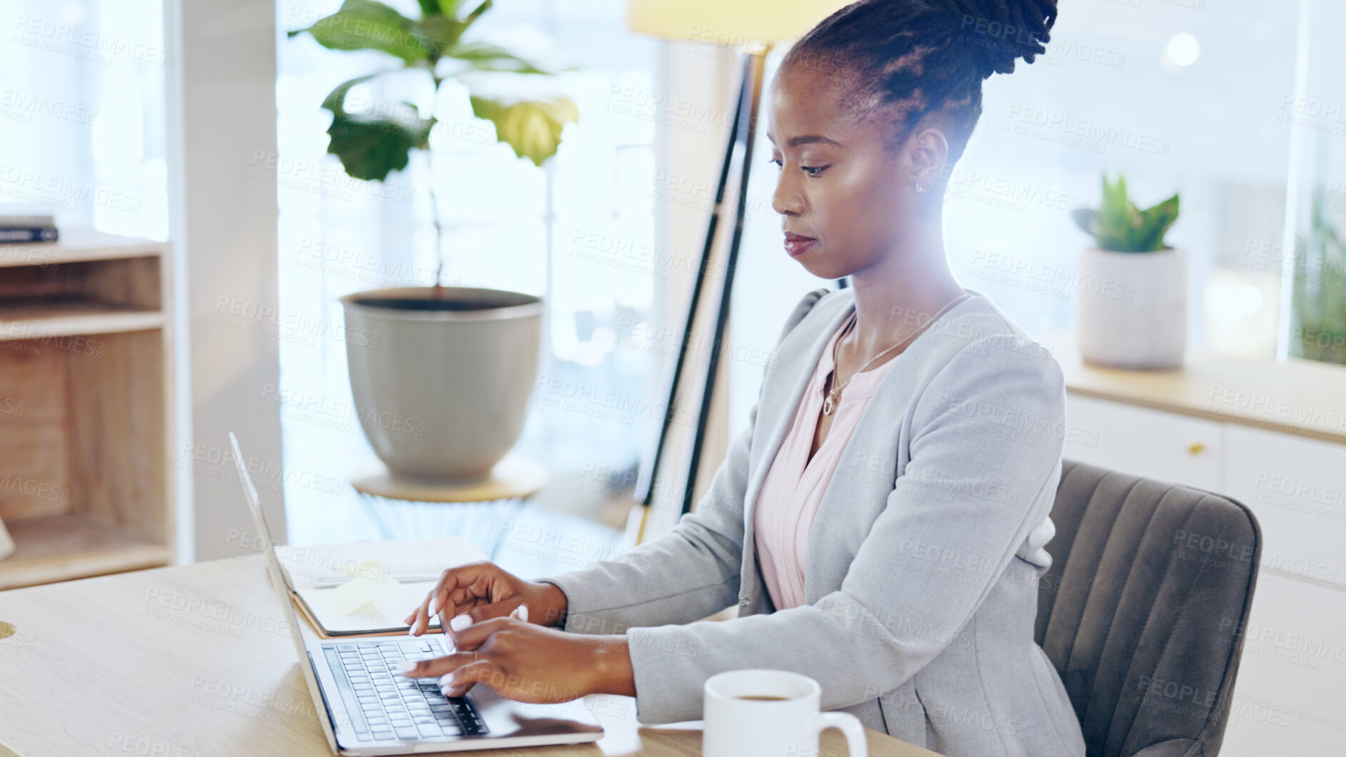 Buy stock photo Business, laptop and black woman in office typing, planning or reading project proposal, report or feedback. Planning, research and African female manager online for schedule management or analysis