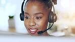 African woman, call center and talk for contact us, microphone and voip tech for telemarketing sales. Consultant, thinking and customer service agent with reading, headphones and advice at help desk